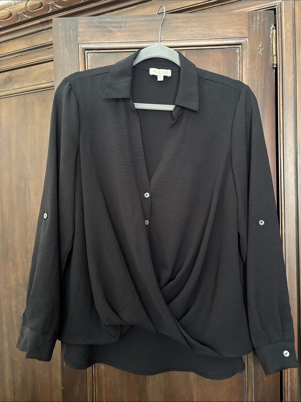 Status Black Draped Surplice Blouse with Roll-Tab Sleeves Medium